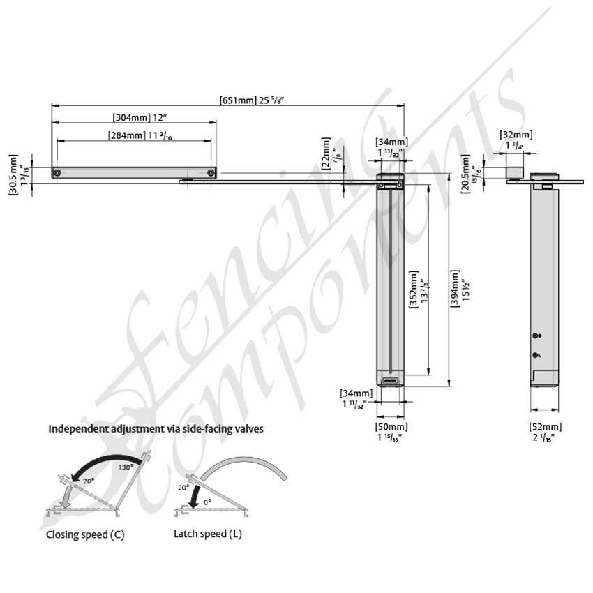 D&D Assa Abloy SlimLine® Hydraulic, Vertical Gate Closer - Self Closing, Adjustable Speed