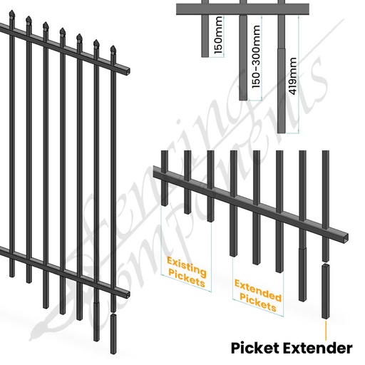 [2525EXT300-BLK] Picket Spear Extention for 25x25mm - Satin Black